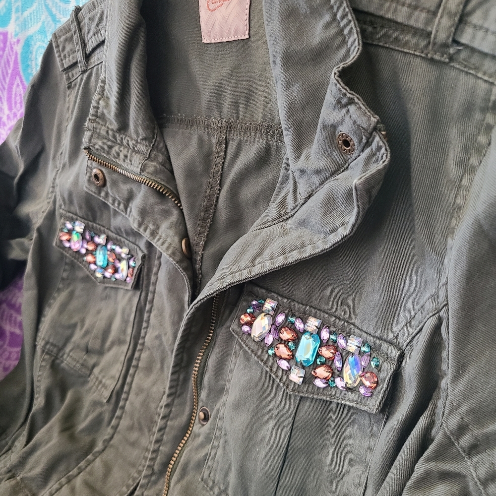 { CANDIE'S } NWOT iridescent embellished army moto utility bomber jacket
